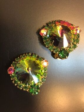 Vintage Juliana Watermelon Heliotrope Rivoli Rhinestones Clip-on Earrings